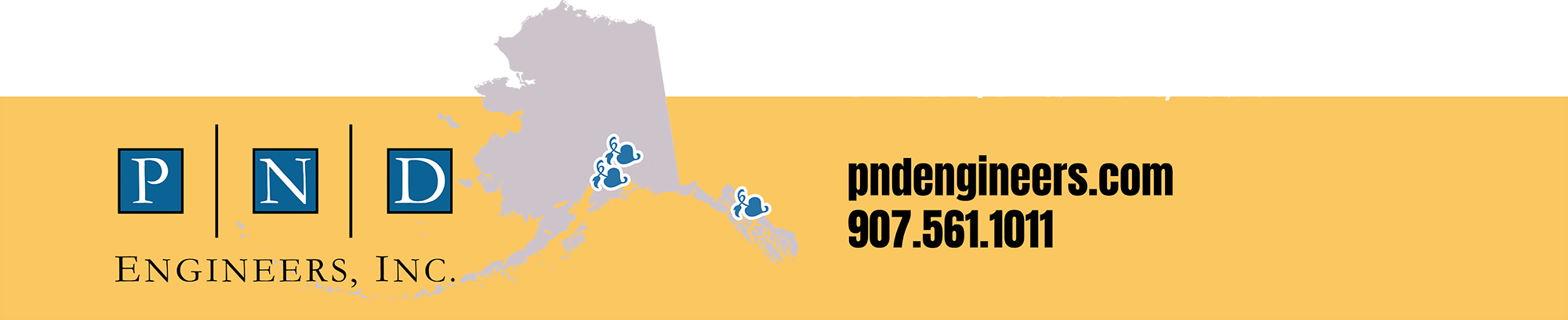Map of Alaska with blue icons marking office locations alongside the website "pndengineers.com" and a phone number on a yellow background.