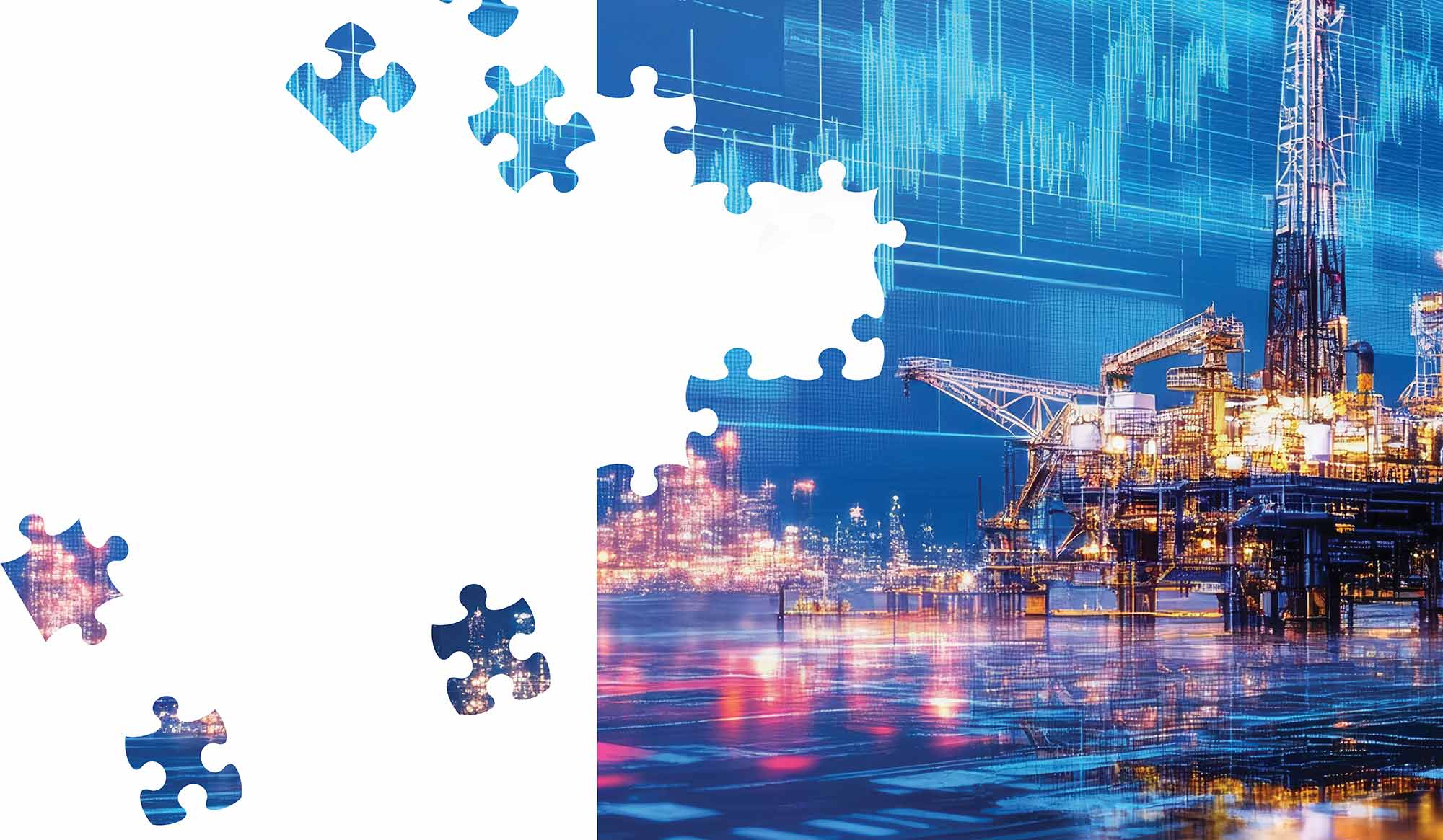 Abstract graphic of an oil drilling platform at night, overlaid with data graphs and floating jigsaw puzzle pieces.
