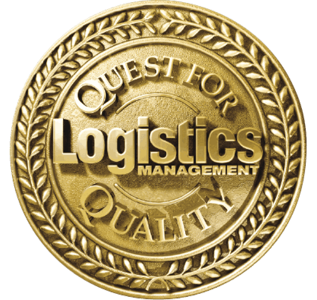 A gold award seal for "Quest for Quality" from Logistics Management.