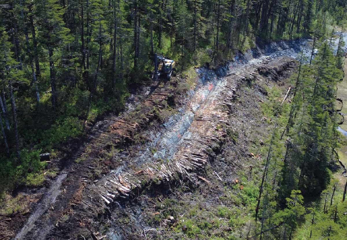 Aerial view of an excavator clearing land and laying logs for road construction in a forest.