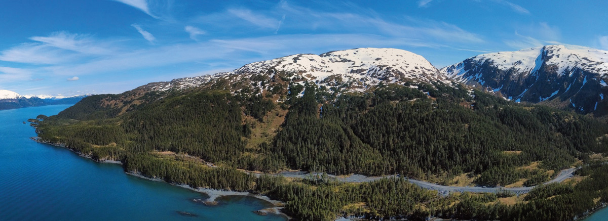 Panoramic view of snow-capped Alaskan mountains rising above dense evergreen forests and coastal waters.