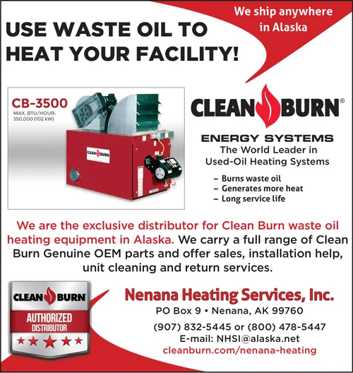 Nenana Heating Services advertisement promoting Clean Burn waste oil heating systems.