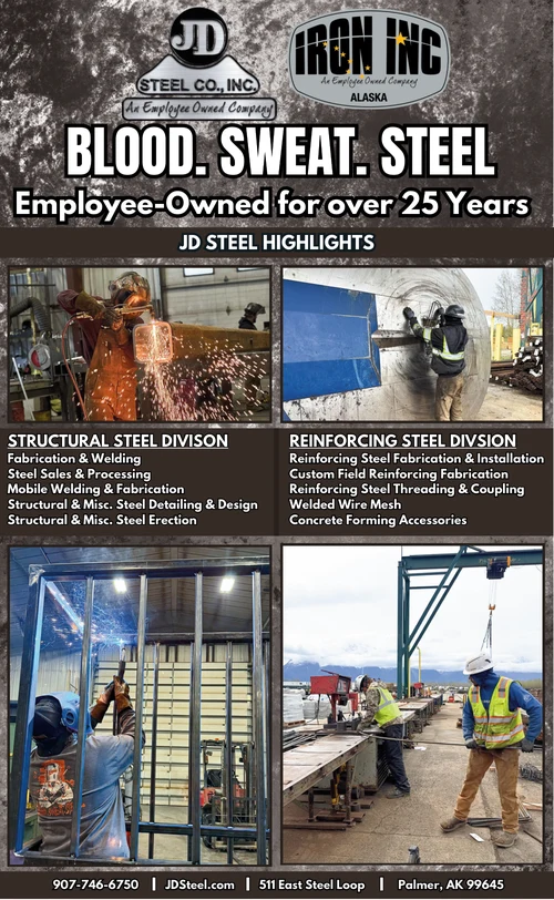JD Steel advertisement highlighting its employee-owned steel divisions and 25 years of service.