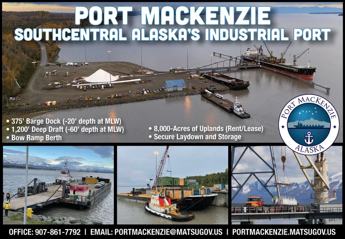 Port MacKenzie advertisement featuring aerial views of the Southcentral Alaska industrial port.