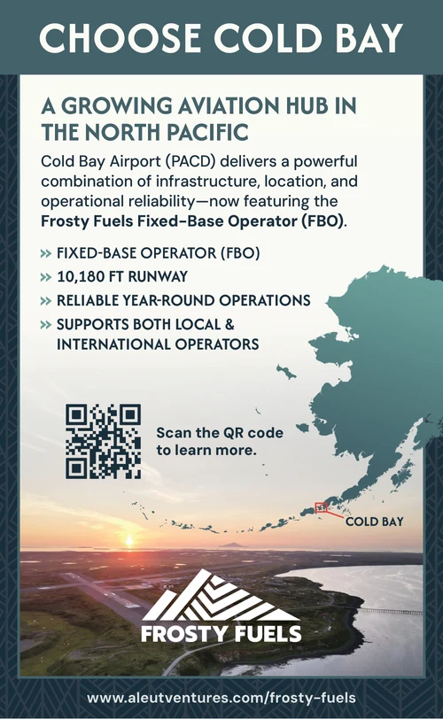 Aleut Corporation advertisement promoting Cold Bay as a growing aviation hub in the North Pacific.