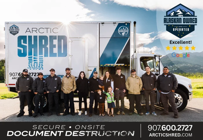 Arctic Shred advertisement featuring its team and mobile secure document destruction trucks.