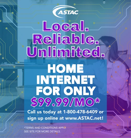 ASTAC advertisement promoting reliable unlimited home internet service.