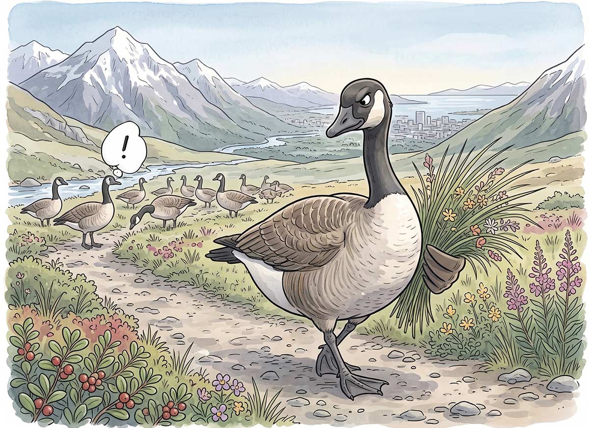An illustration of a goose carrying a bundle of grass and flowers away from a flock in a valley.