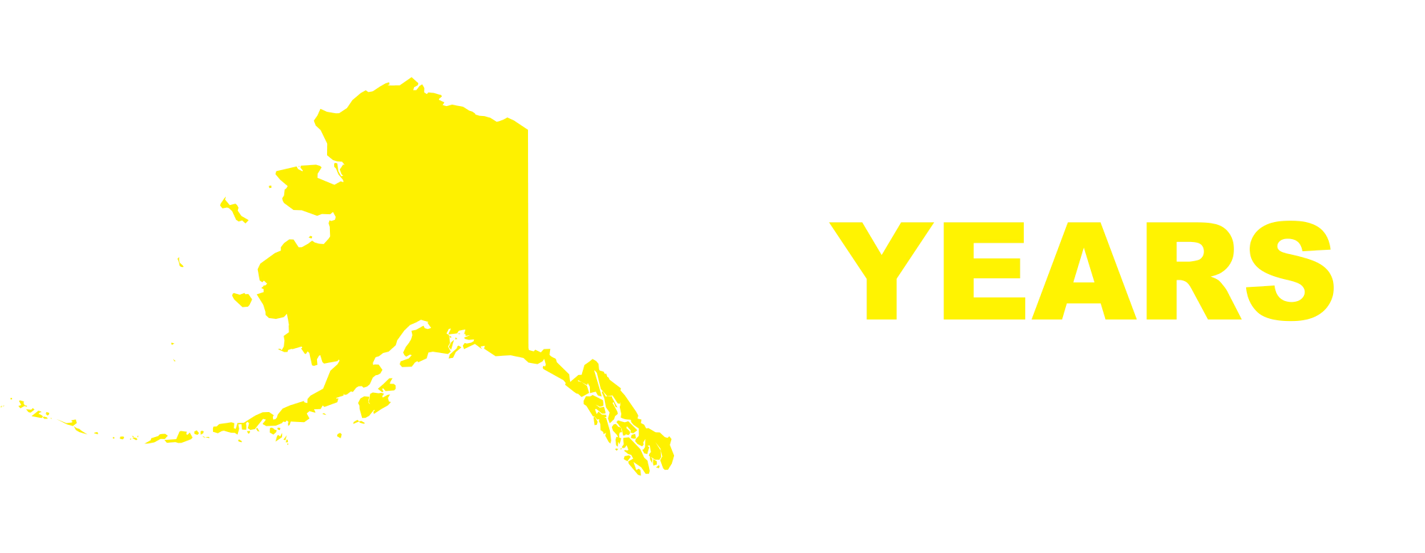 Yellow graphic showing a silhouette map of Alaska next to bold text that reads "50+ years of Alaska experience".