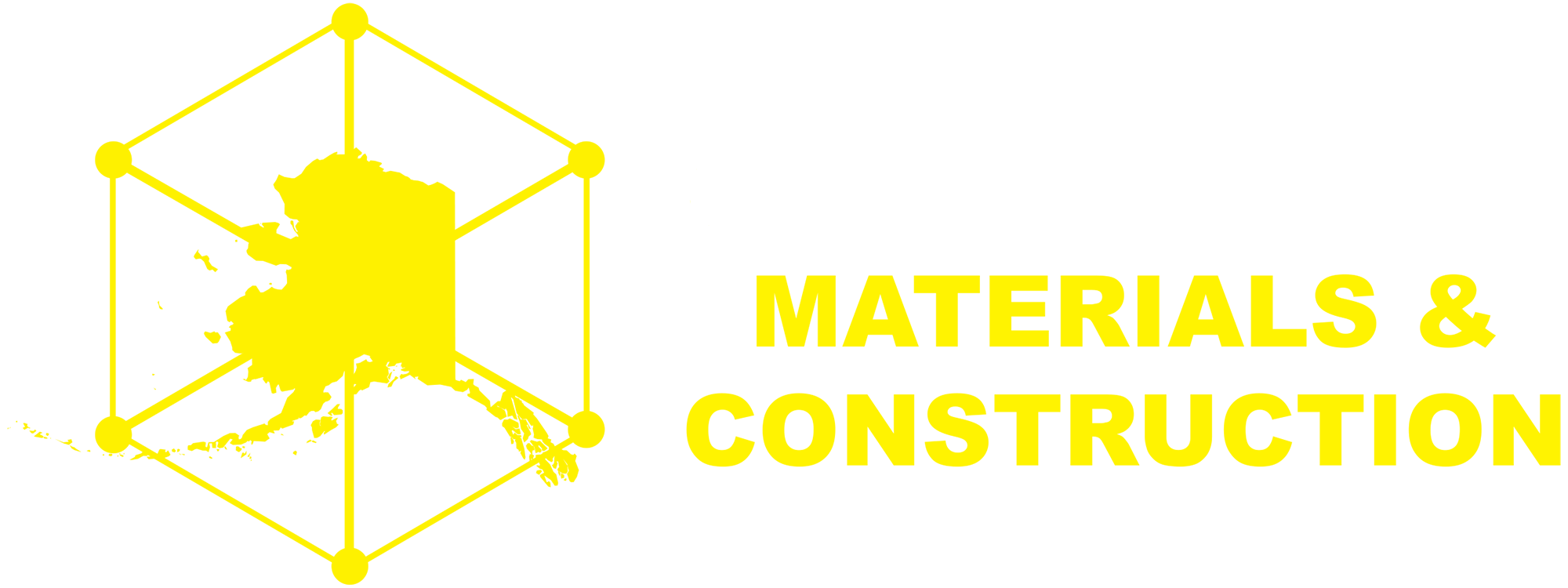 Yellow graphic of an Alaska map outline inside a geometric cube frame beside the text "Statewide materials & construction network".