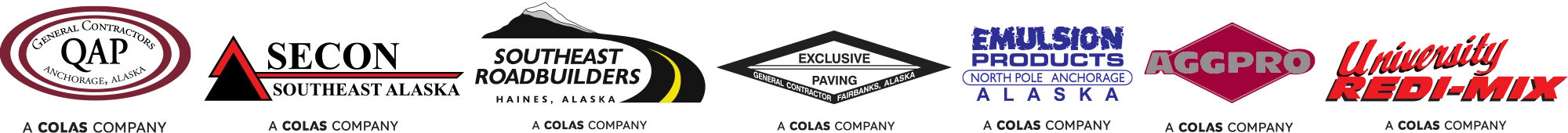 Logos of Colas companies including QAP, Secon, Southeast Roadbuilders, Exclusive Paving, Emulsion Products, Aggpro, and University Redi-Mix.