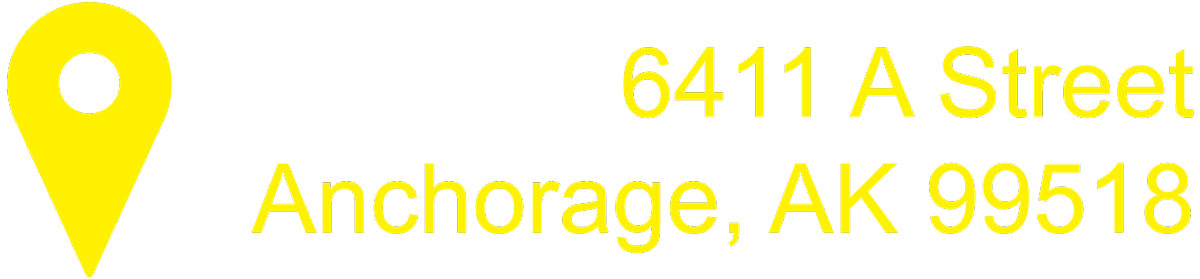 Yellow location pin icon next to address text reading "6411 A Street Anchorage, AK 99518".