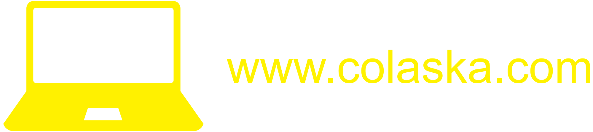 Yellow laptop graphic next to website URL text reading "www.colaska.com".