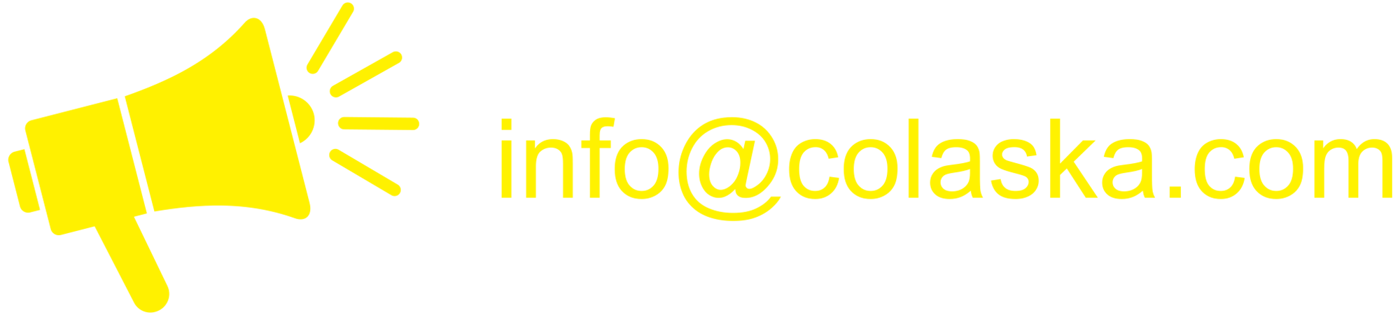 Yellow megaphone icon next to email address text reading "info@colaska.com".