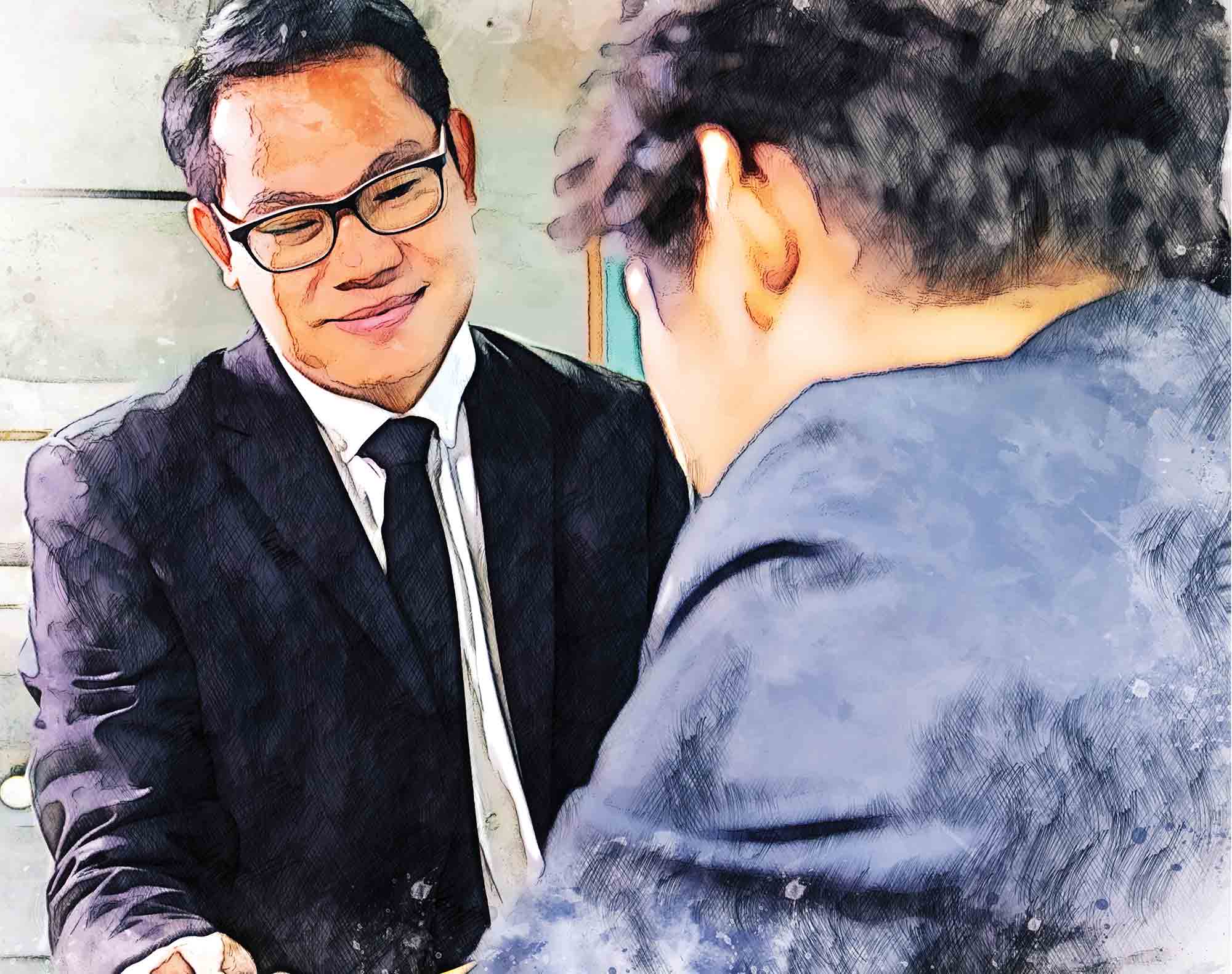 A watercolor illustration of two men in suits shaking hands during a meeting.