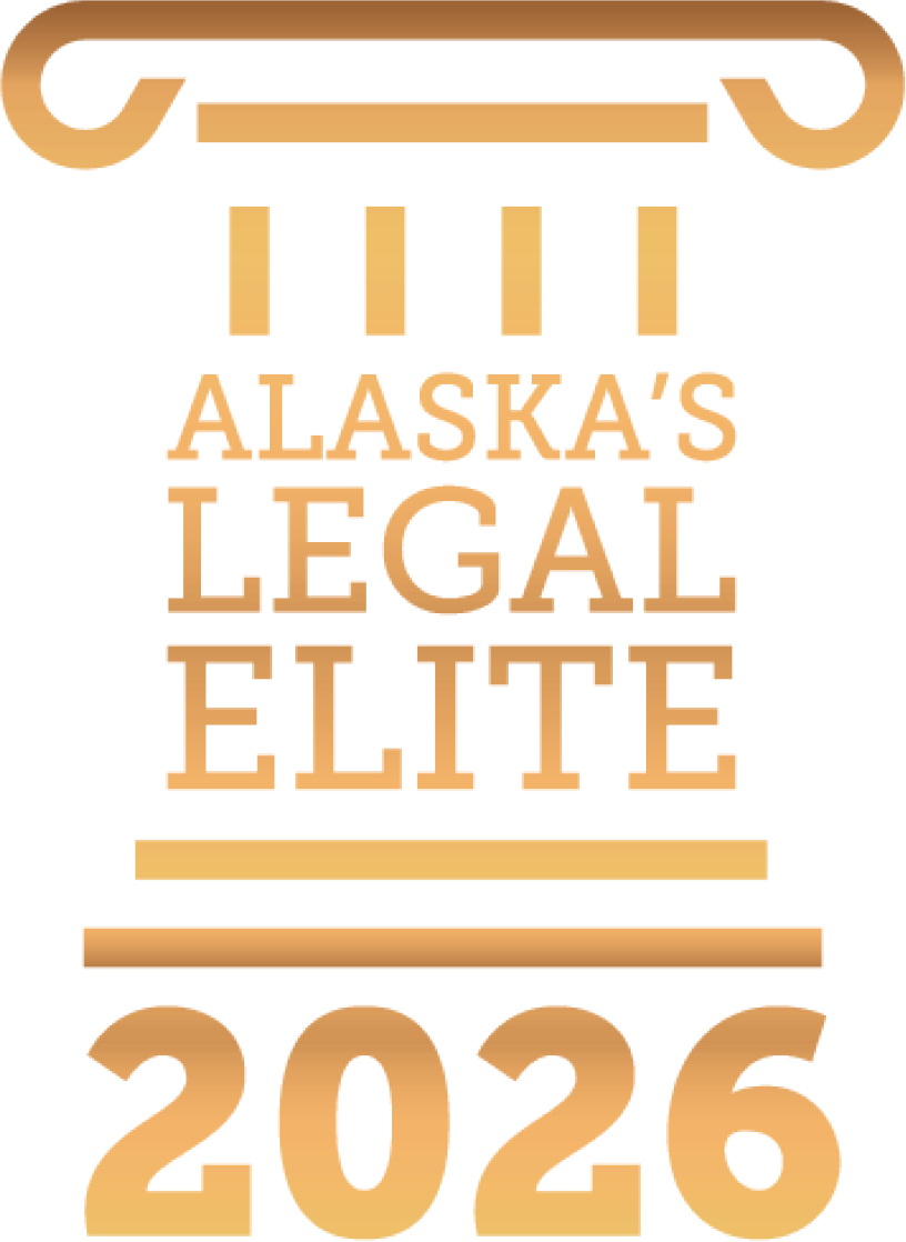 A gold logo icon with columns reading "Alaska's Legal Elite 2026".