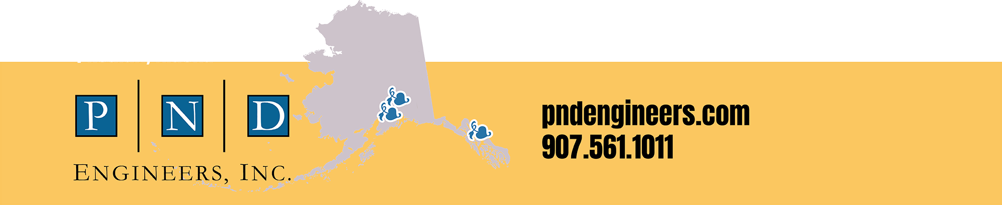 A banner logo for PND Engineers, Inc. showing a map of Alaska, website URL, and phone number