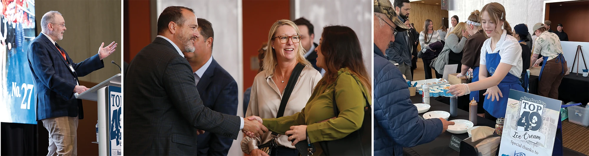 People networking and conversing in groups at an Alaska Business Top 49ers event reception, with some shaking hands and others gathered around tall cocktail tables.