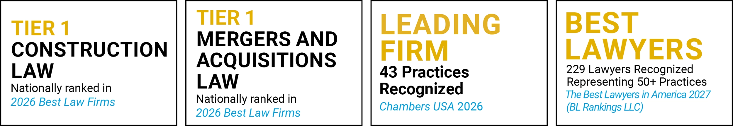 Graphic displaying law firm rankings: Tier 1 in Construction, Mergers and Acquisitions, and 229 recognized Best Lawyers.