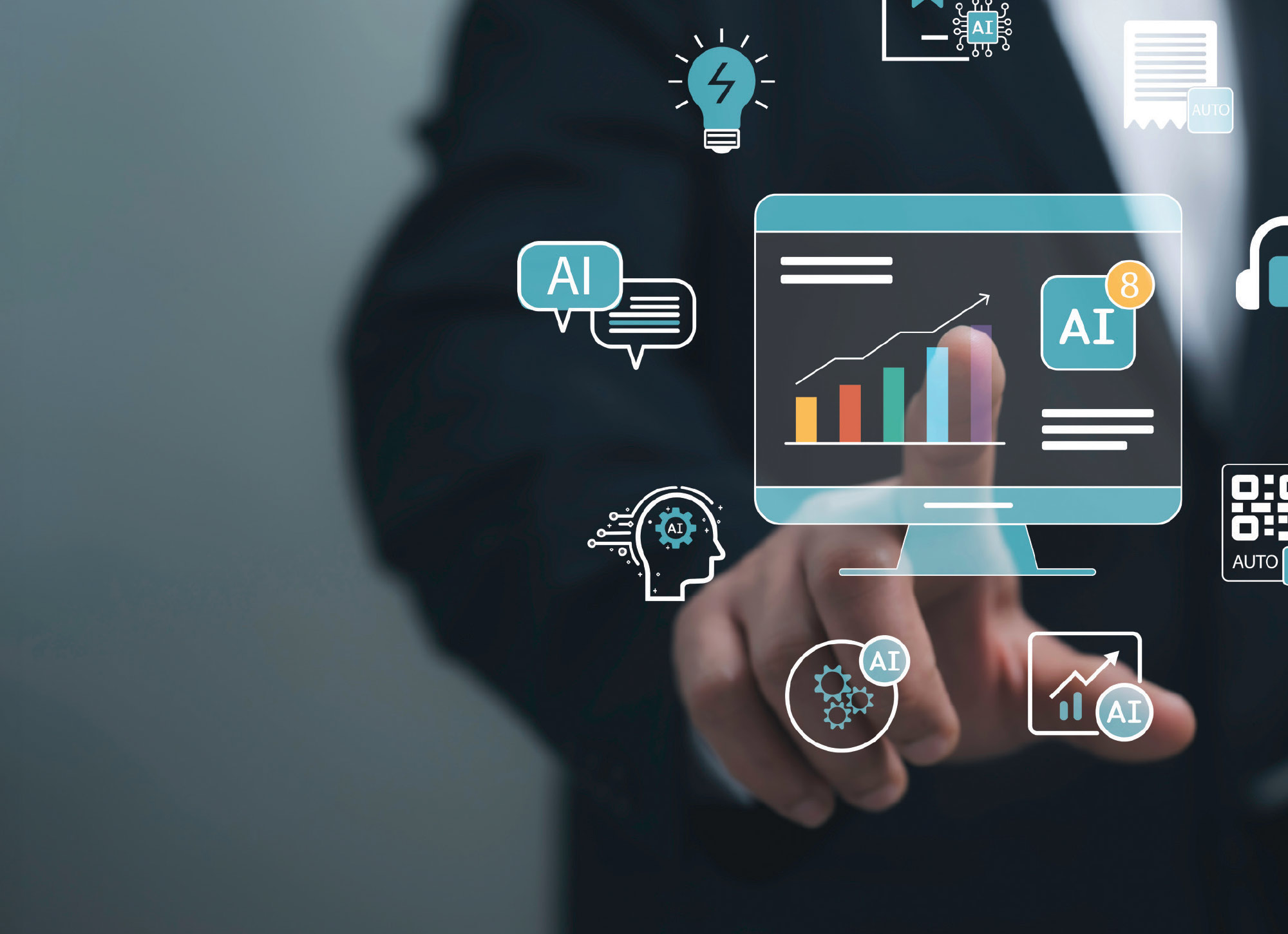 Person in a suit tapping a digital screen overlaid with AI icons, growth charts, and automation symbols.