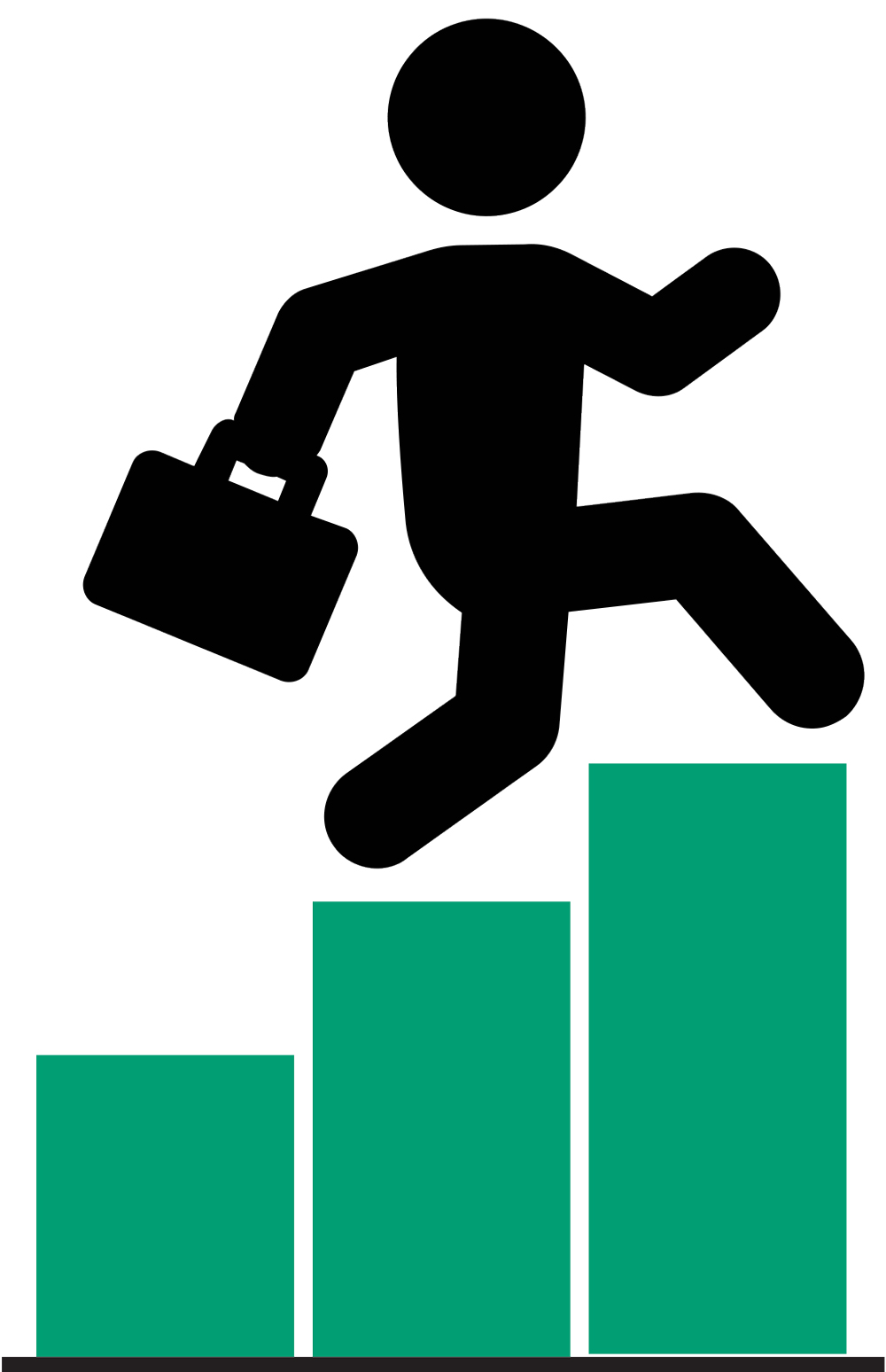 Black vector icon of a businessperson holding a briefcase and leaping over green bar chart steps.