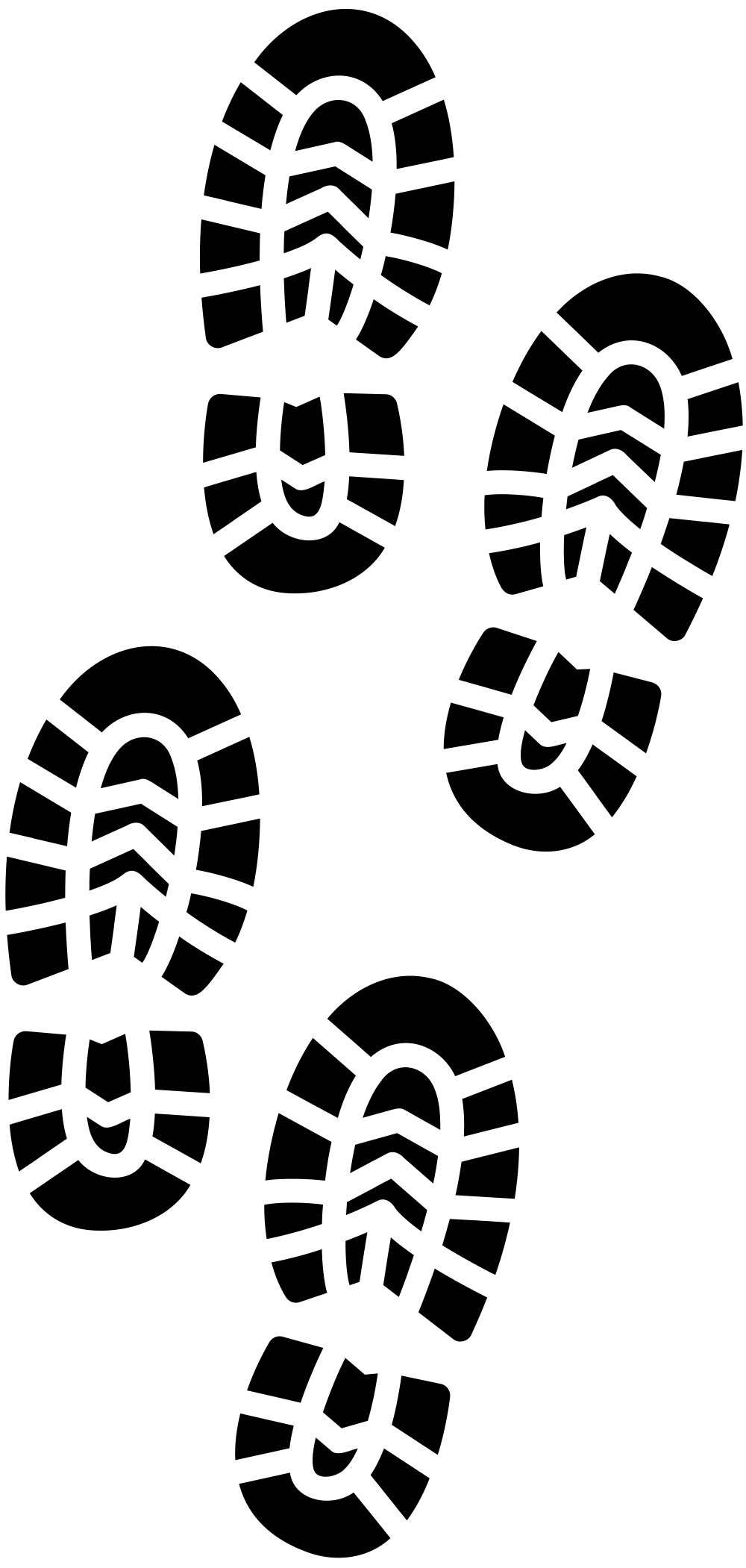 Graphic vector pattern of black boot tread footprints walking diagonally across a white background.
