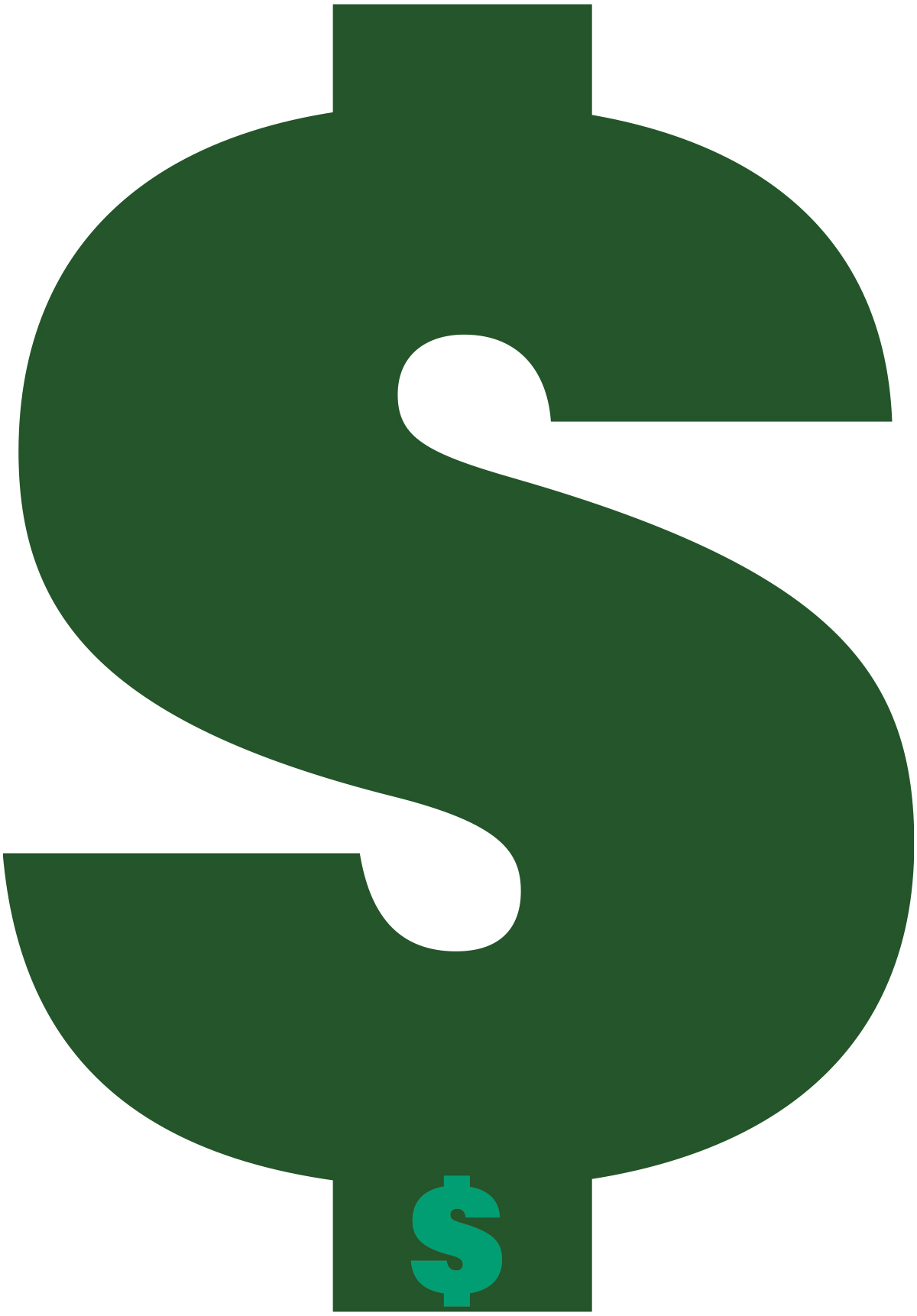 Dark green dollar sign icon with a small teal dollar sign at the bottom.