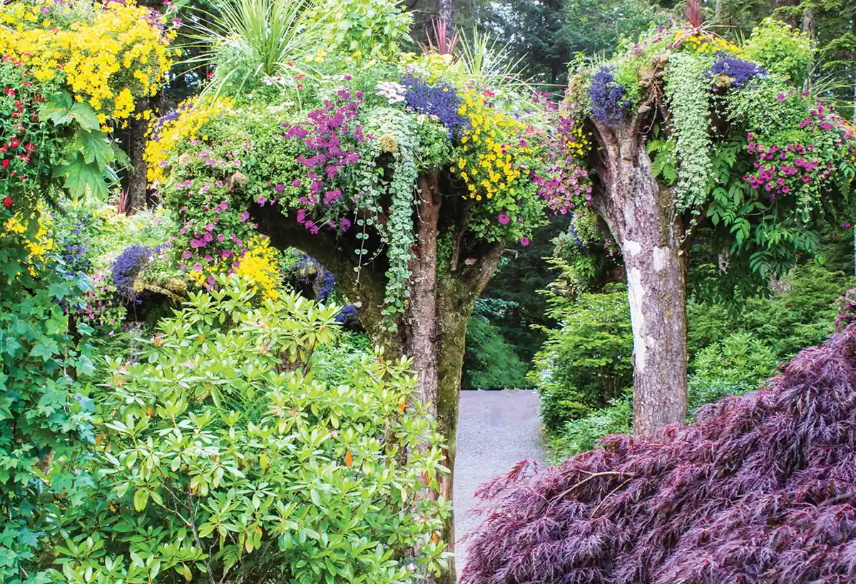 Upside-down tree trunks crowned with vibrant, overflowing flower arrangements framing a gravel pathway in a lush garden.