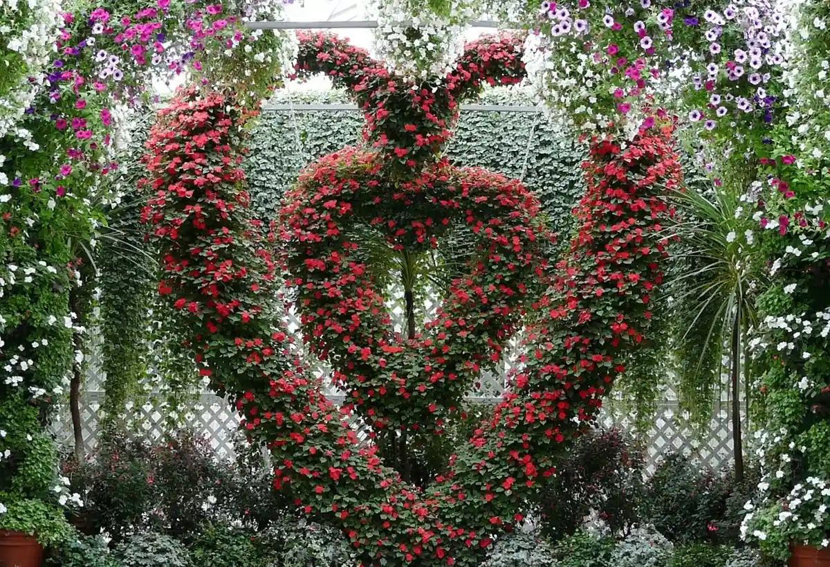 A large heart-shaped display created from vibrant red flowers, surrounded by hanging floral baskets and lush green foliage.