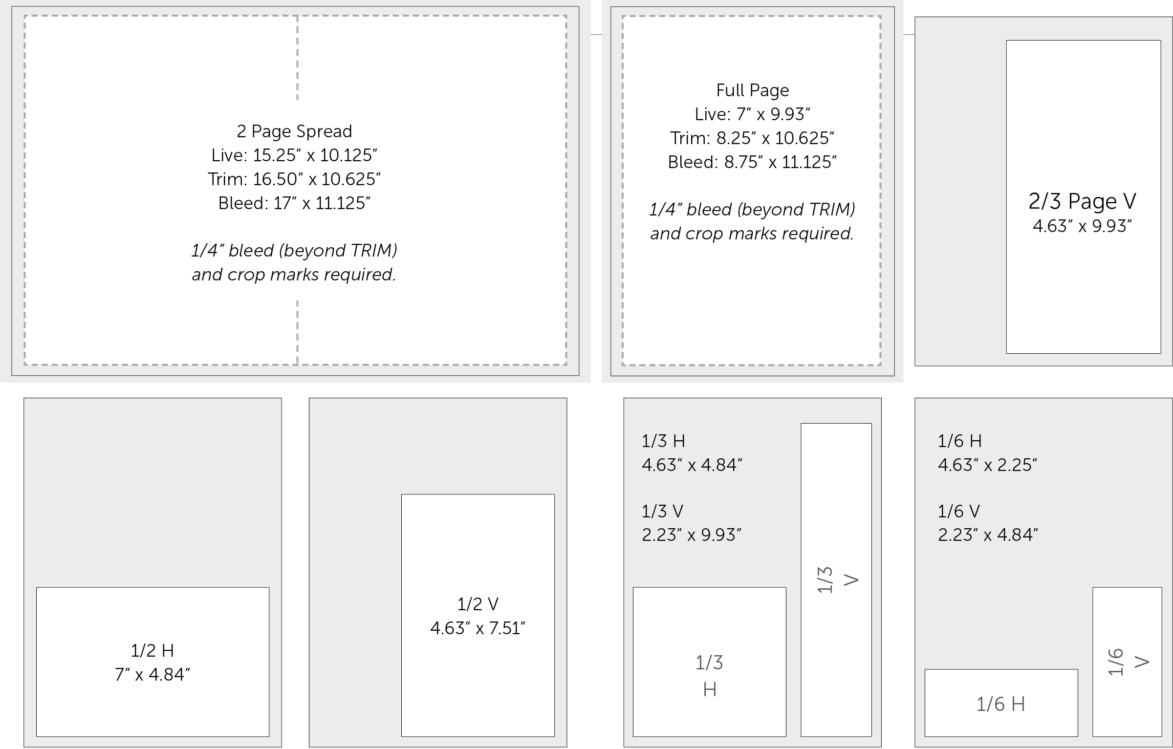 A diagram showing different ad sizes and dimensions for print layouts. It includes a 2-page spread (live: 15.25 x 10.125 inches, trim: 16.50 x 10.625 inches, bleed: 17 x 11.125 inches), a full-page ad (live: 7 x 9.93 inches, trim: 8.25 x 10.625 inches, bleed: 8.75 x 11.125 inches), a 2/3 page vertical ad (4.63 x 9.93 inches), a 1/2 horizontal ad (7 x 4.84 inches), a 1/2 vertical ad (4.63 x 7.51 inches), a 1/3 horizontal ad (4.63 x 4.84 inches), a 1/3 vertical ad (2.23 x 9.93 inches), and 1/6 horizontal and vertical ads (4.63 x 2.25 inches and 2.23 x 4.84 inches).