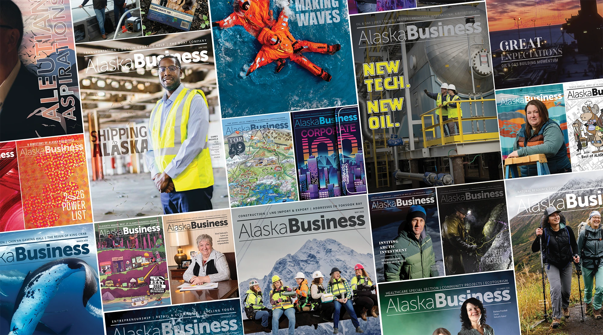 Close-up of several Alaska Business magazine covers arranged on a tabletop, including an oil rig at sunset with the headline “Great Expectations” and a rescue training cover featuring two people in bright orange immersion suits floating in water.
