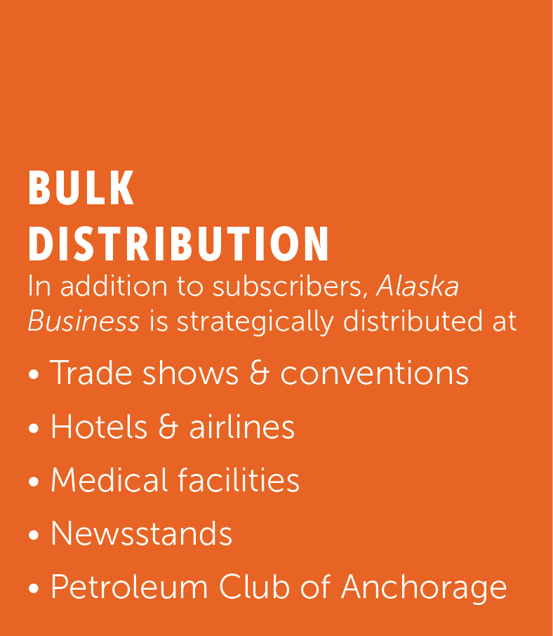 In addition to subscribers, Alaska Business is distributed at trade shows and conventions, hotels and airlines, medical facilities, newsstands, and the Petroleum Club of Anchorage.