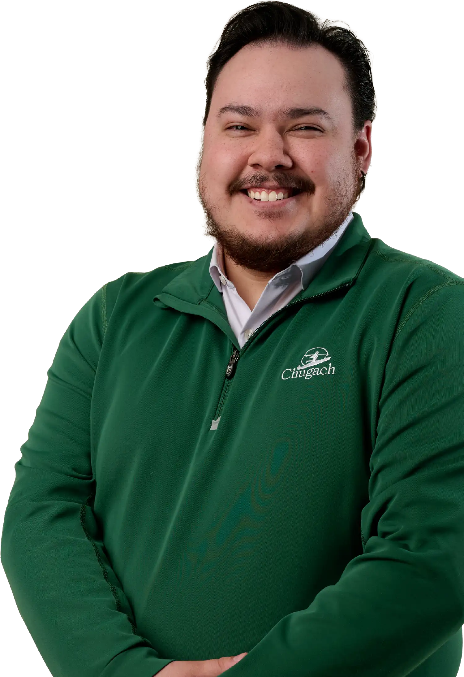 Headshot of a smiling man with a goatee wearing a green Chugach half-zip pullover against a plain white background.