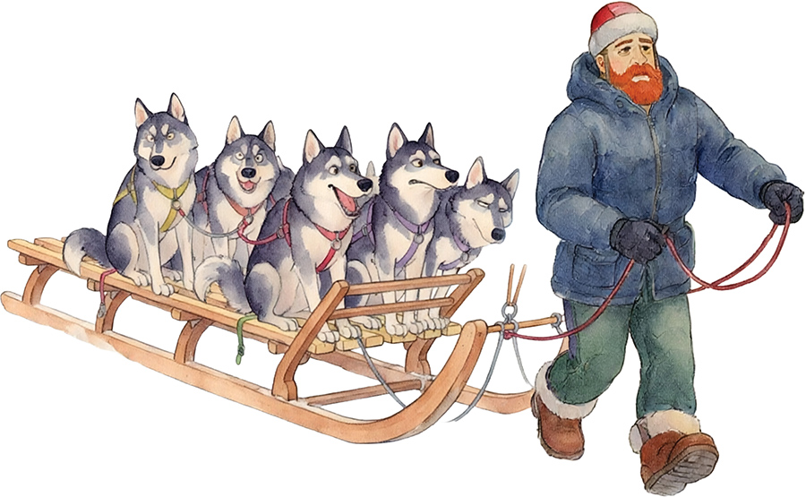 A watercolor illustration of a man pulling a sled carrying five husky dogs.